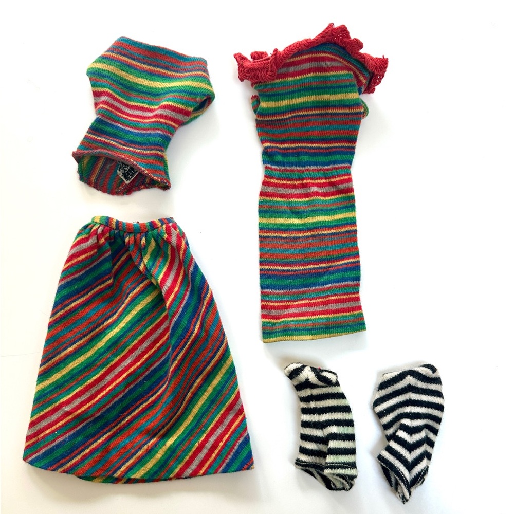 Vintage Barbie clothes, 2 zebra swimsuits, dress, top/skirt